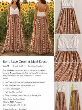 Justify Ivory, Tan & Rust Paisley Lace Crochet Maxi Dress